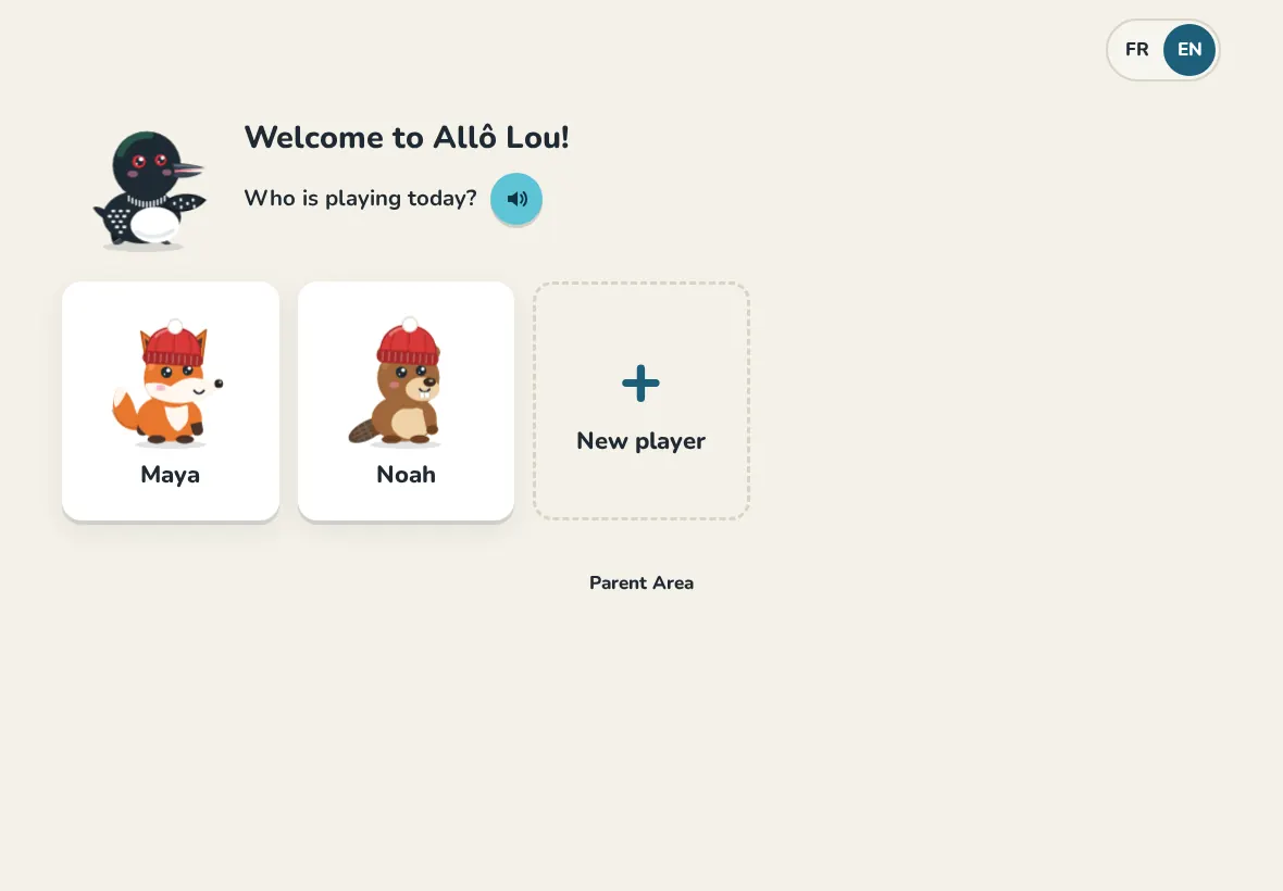 The home screen with each child's character