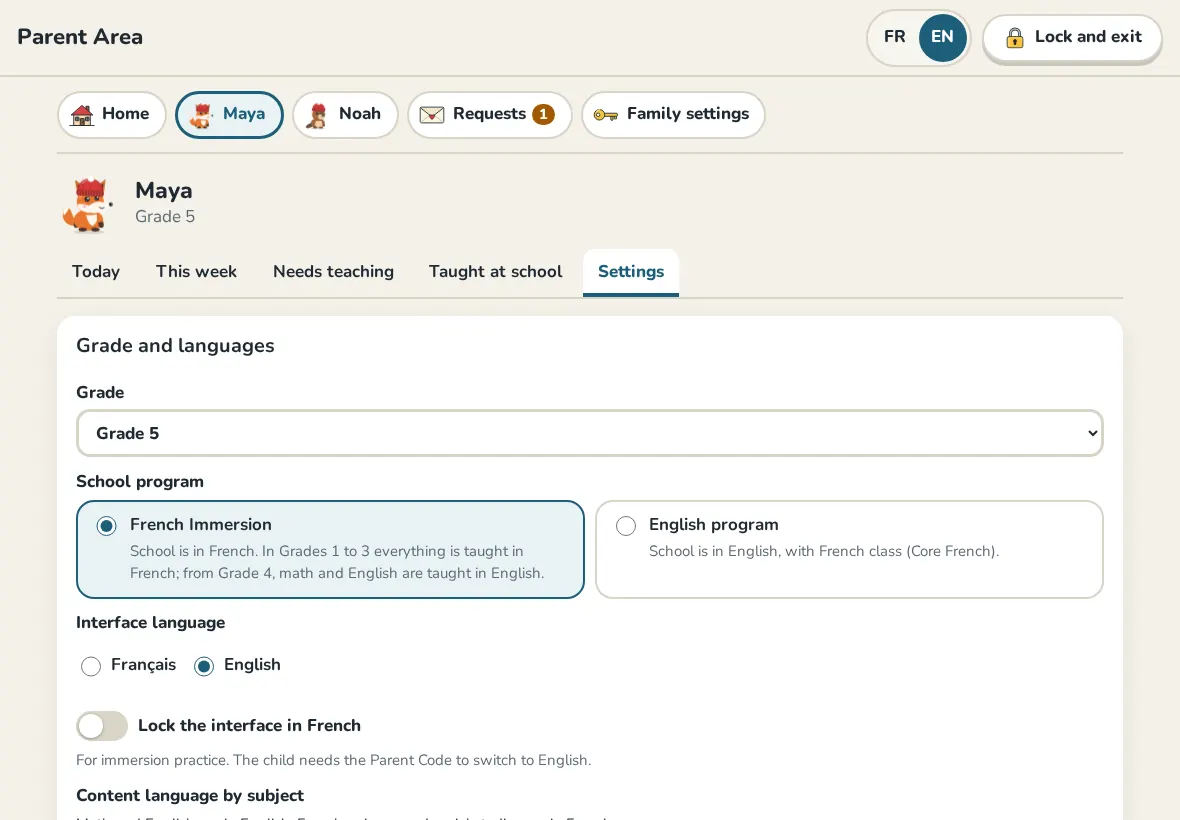 A child's settings in the Parent Area