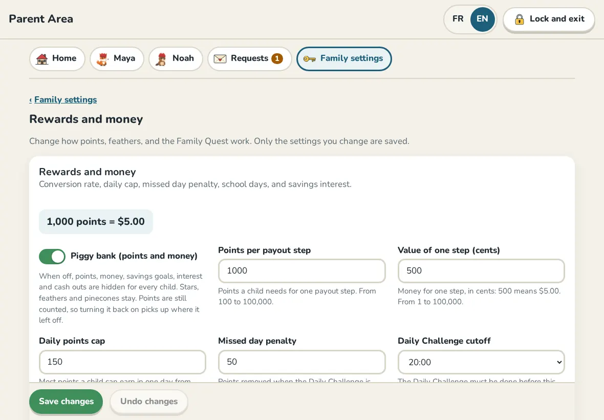 Rewards and money settings