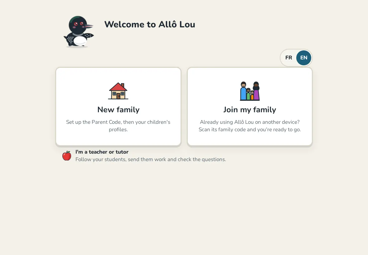 The welcome screen with New family and Join my family