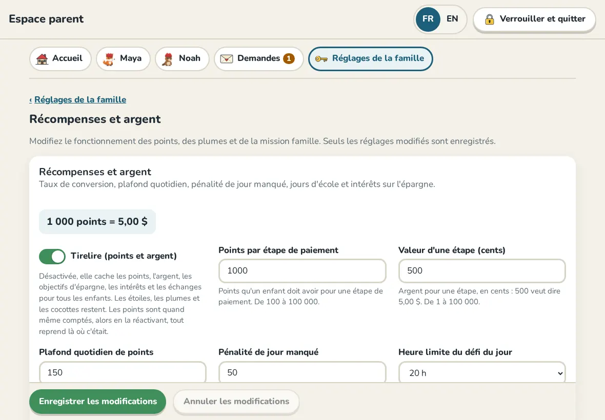 Les réglages des récompenses et de l'argent