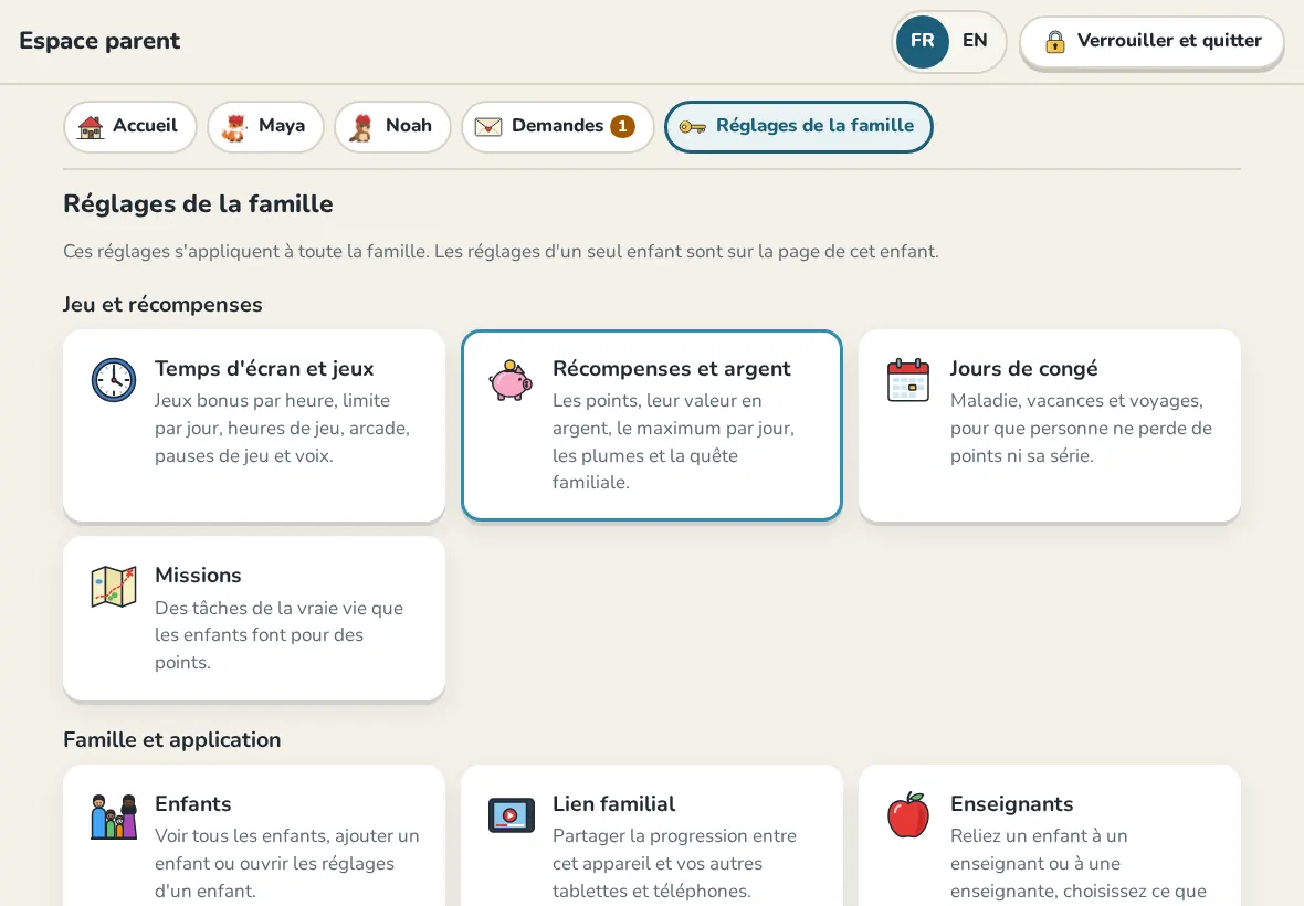 Les réglages de la famille