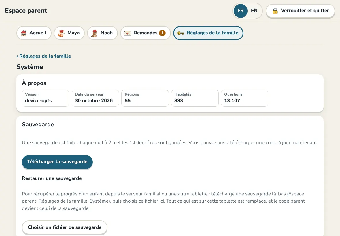 Système : code parent, sauvegarde et réinitialisation