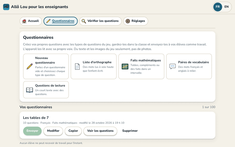 Allô Lou pour les enseignants : des questionnaires avec des modèles pour les listes d'orthographe, les faits mathématiques, les paires de vocabulaire et les questions de lecture, et un questionnaire enregistré, Les tables de 7.